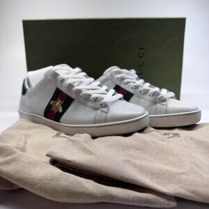 Gucci Ace Bee Shoes Womens Size 8 White Leather Web Stripe Low Top Sneakers